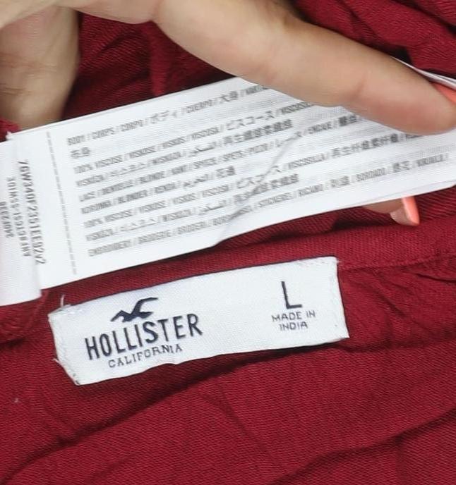 Hollister Women Red L Cropped Boho V-Neck Embroidered Long Sleeve Blouse