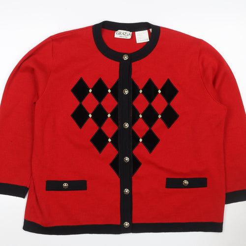 Grazia Women Red Black Argyle Cardigan UK 22 Wool Blend Long Sleeve