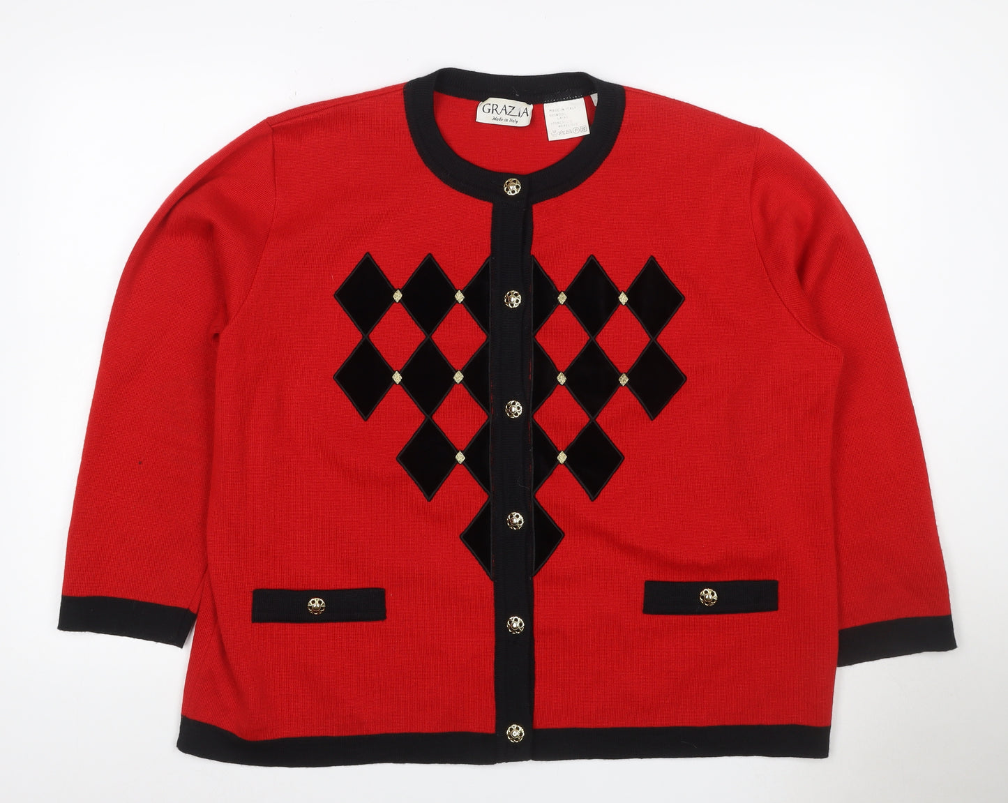 Grazia Women Red Black Argyle Cardigan UK 22 Wool Blend Long Sleeve