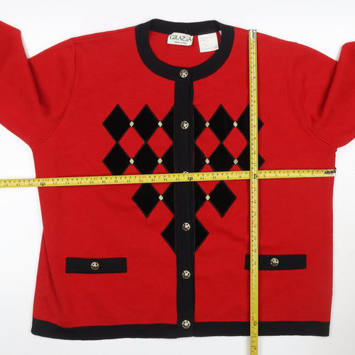 Grazia Women Red Black Argyle Cardigan UK 22 Wool Blend Long Sleeve