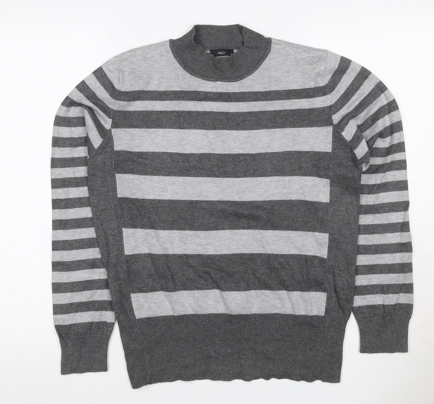 McCo Women’s Grey Striped High Neck Knit Jumper UK 14 Viscose Blend