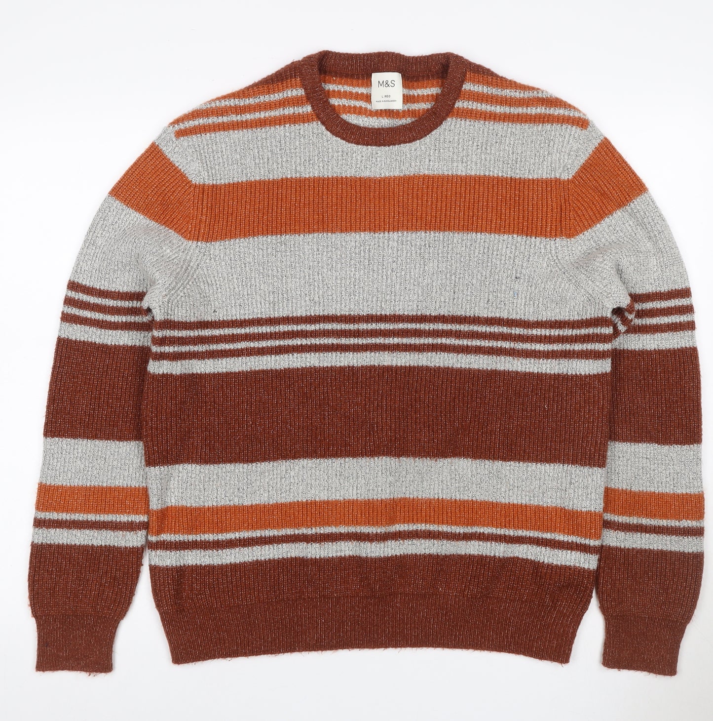 Marks and Spencer Men’s Brown Striped Chunky Knit Crew Neck Jumper L