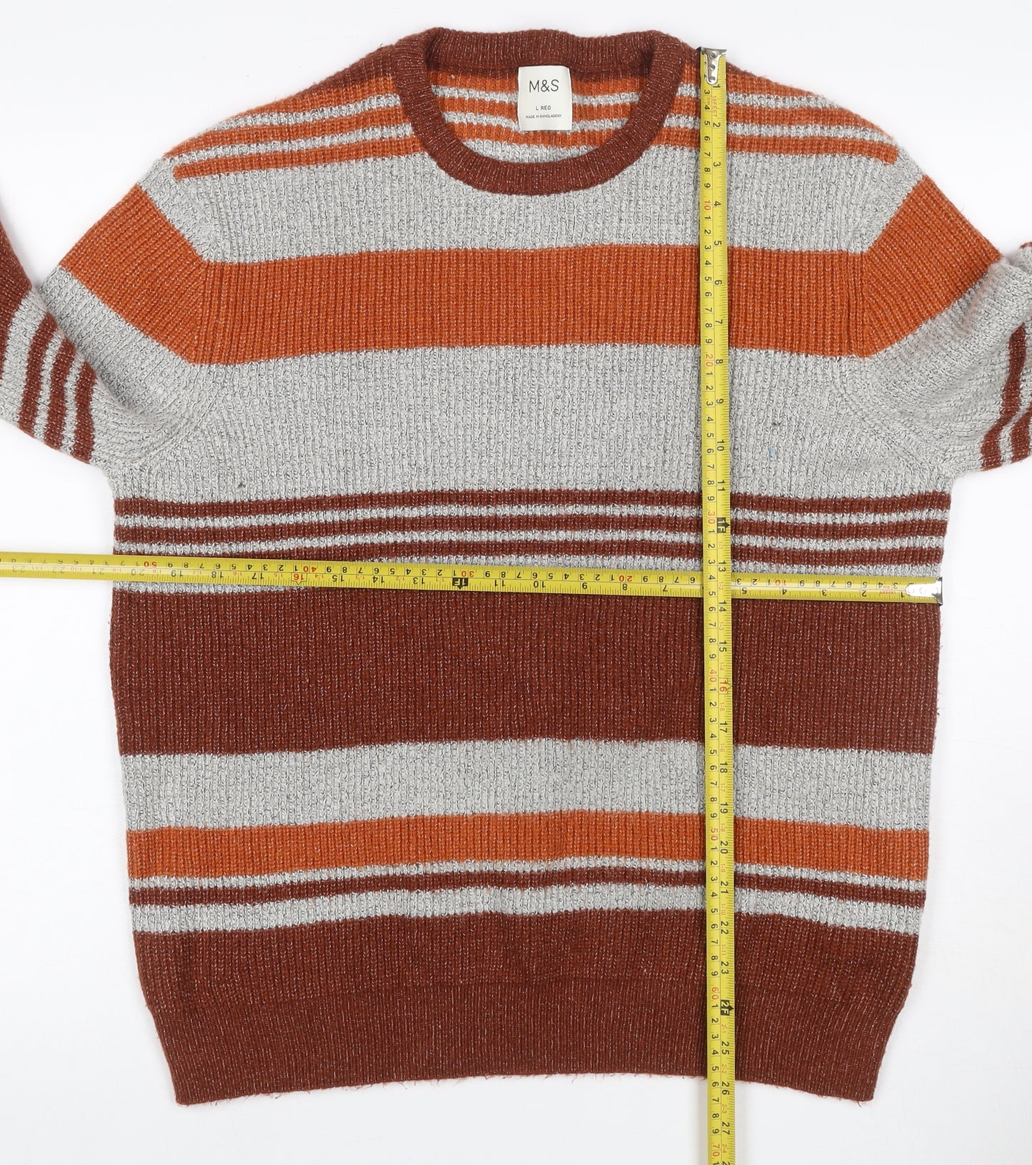 Marks and Spencer Men’s Brown Striped Chunky Knit Crew Neck Jumper L