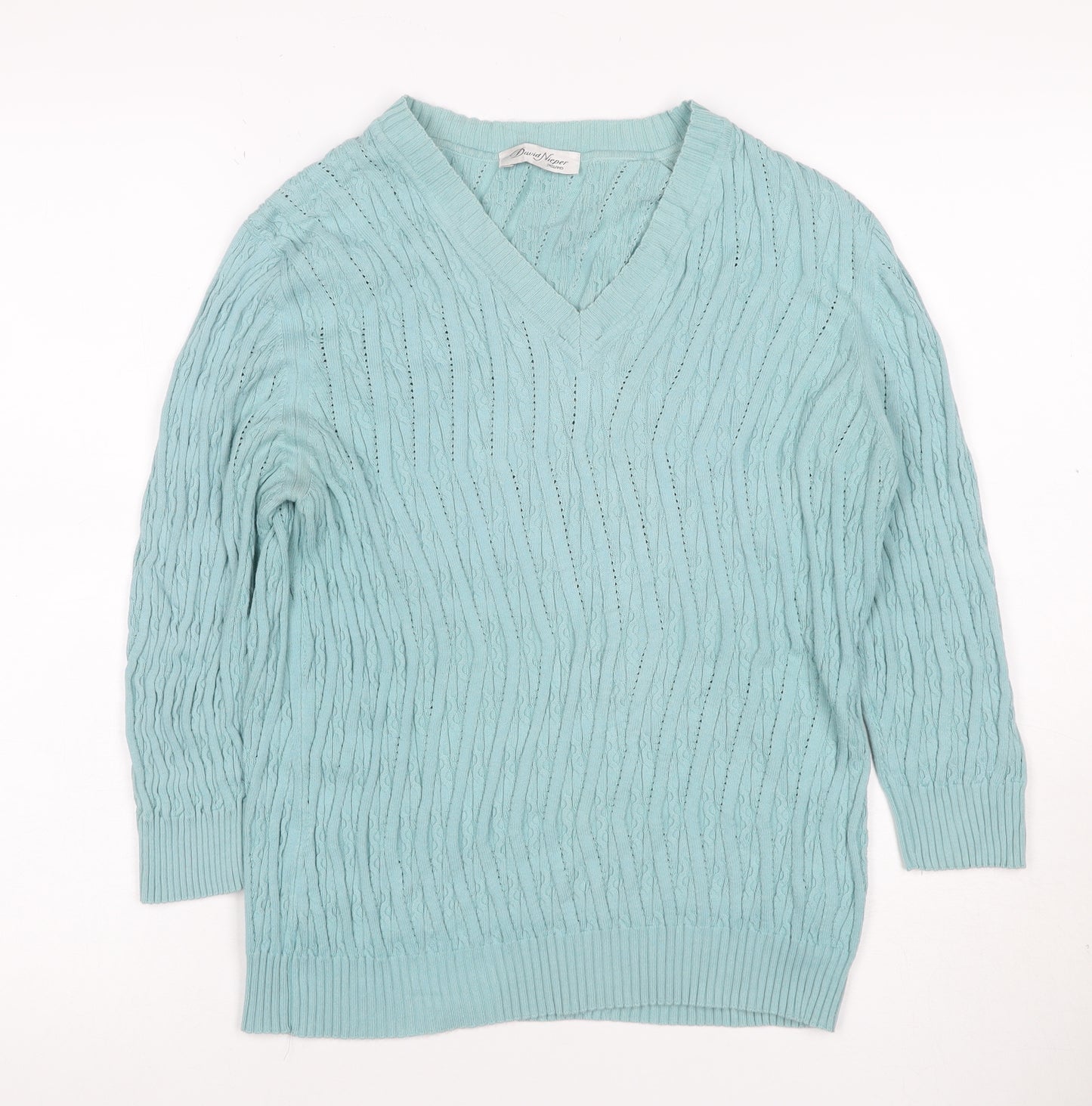 David Nieper Women Blue UK 16 V-Neck Cable-Knit Cotton Jumper