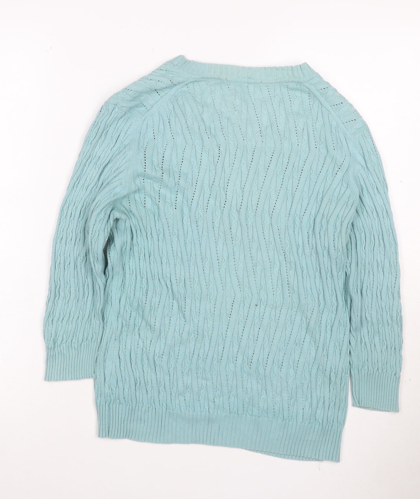 David Nieper Women Blue UK 16 V-Neck Cable-Knit Cotton Jumper