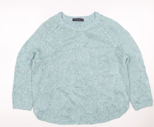 Marks and Spencer Women Blue UK 14 Sequin Knit Raglan Jumper