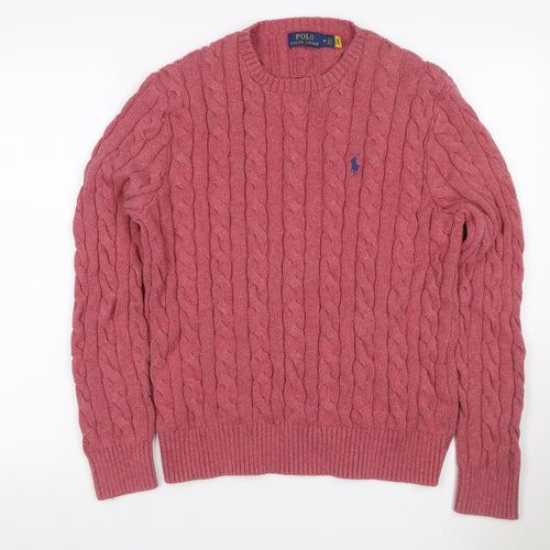 Polo Ralph Lauren Men Pink M Cable Knit Cotton Crew Neck Jumper Logo