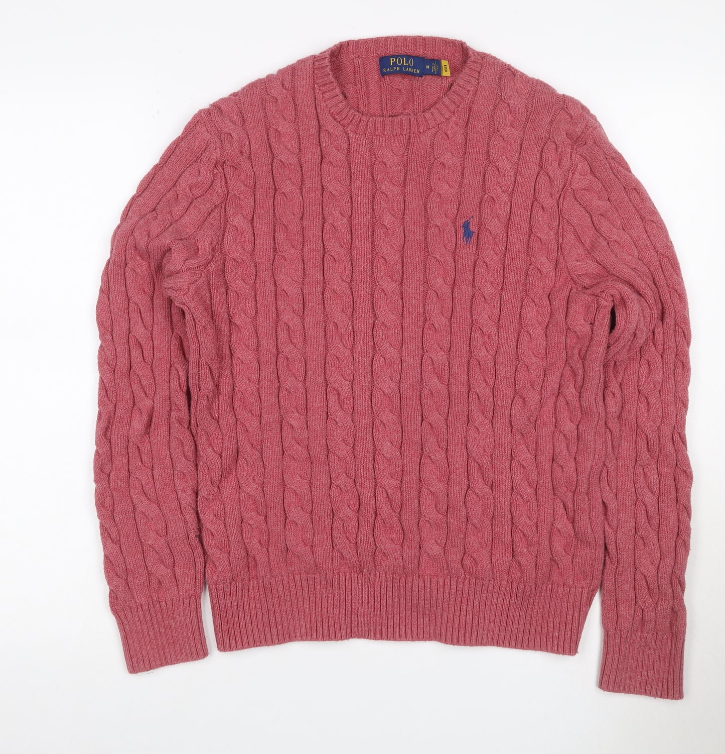 Polo Ralph Lauren Men Pink M Cable Knit Cotton Crew Neck Jumper Logo