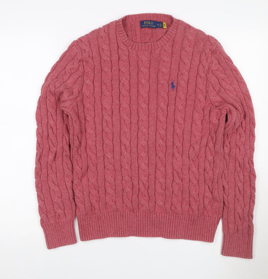 Polo Ralph Lauren Men Pink M Cable Knit Cotton Crew Neck Jumper Logo