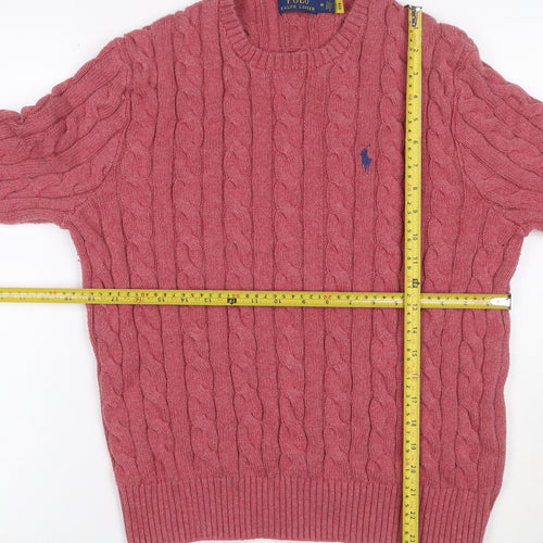 Polo Ralph Lauren Men Pink M Cable Knit Cotton Crew Neck Jumper Logo
