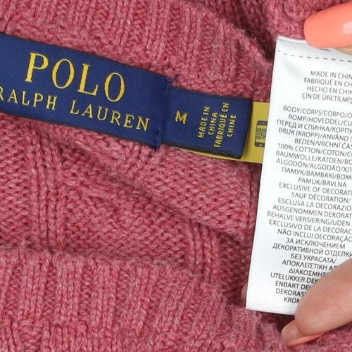 Polo Ralph Lauren Men Pink M Cable Knit Cotton Crew Neck Jumper Logo