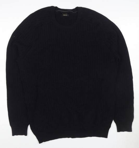 Massimo Dutti Men’s Black L Cable Knit Cotton Crew Neck Jumper
