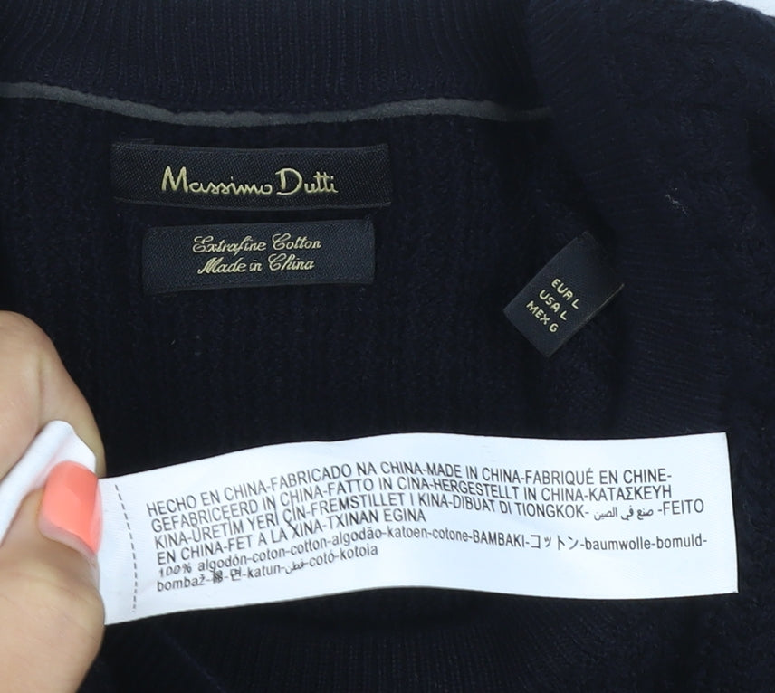 Massimo Dutti Men’s Black L Cable Knit Cotton Crew Neck Jumper