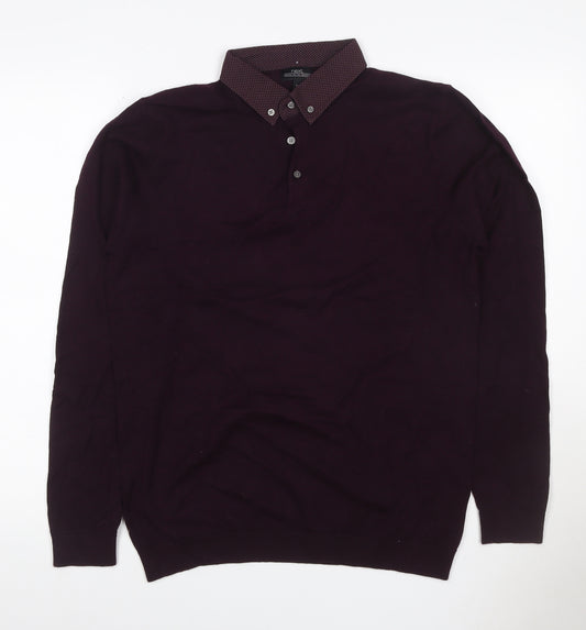 Next Men Purple M Long Sleeve Button-Down Collar Polo Shirt