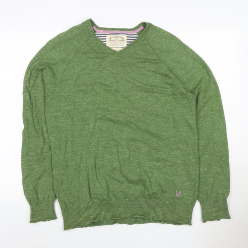 White Stuff Men’s Green M V-Neck Linen Cotton Knit Pullover Jumper