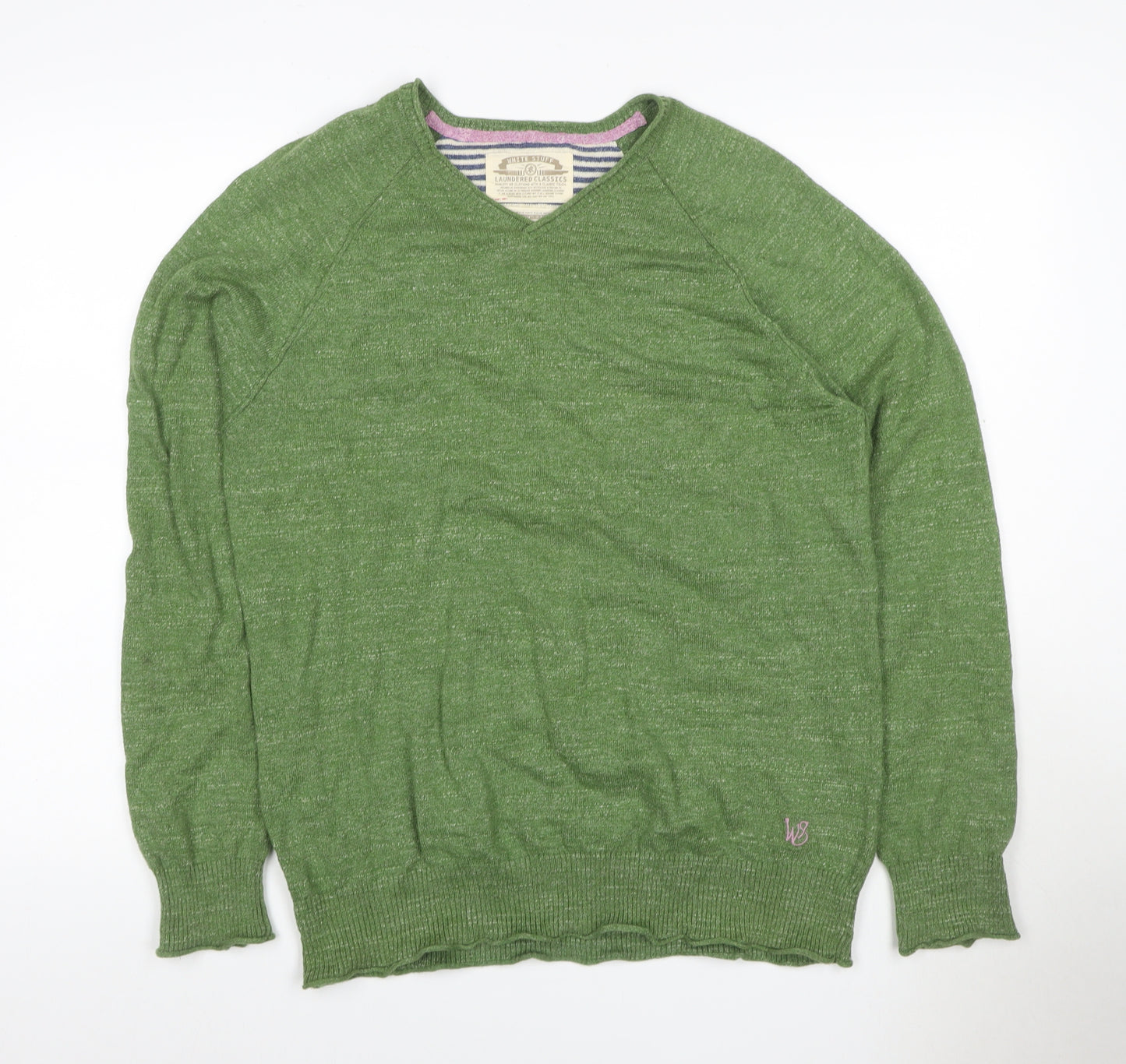 White Stuff Men’s Green M V-Neck Linen Cotton Knit Pullover Jumper