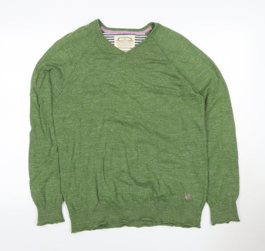 White Stuff Men’s Green M V-Neck Linen Cotton Knit Pullover Jumper