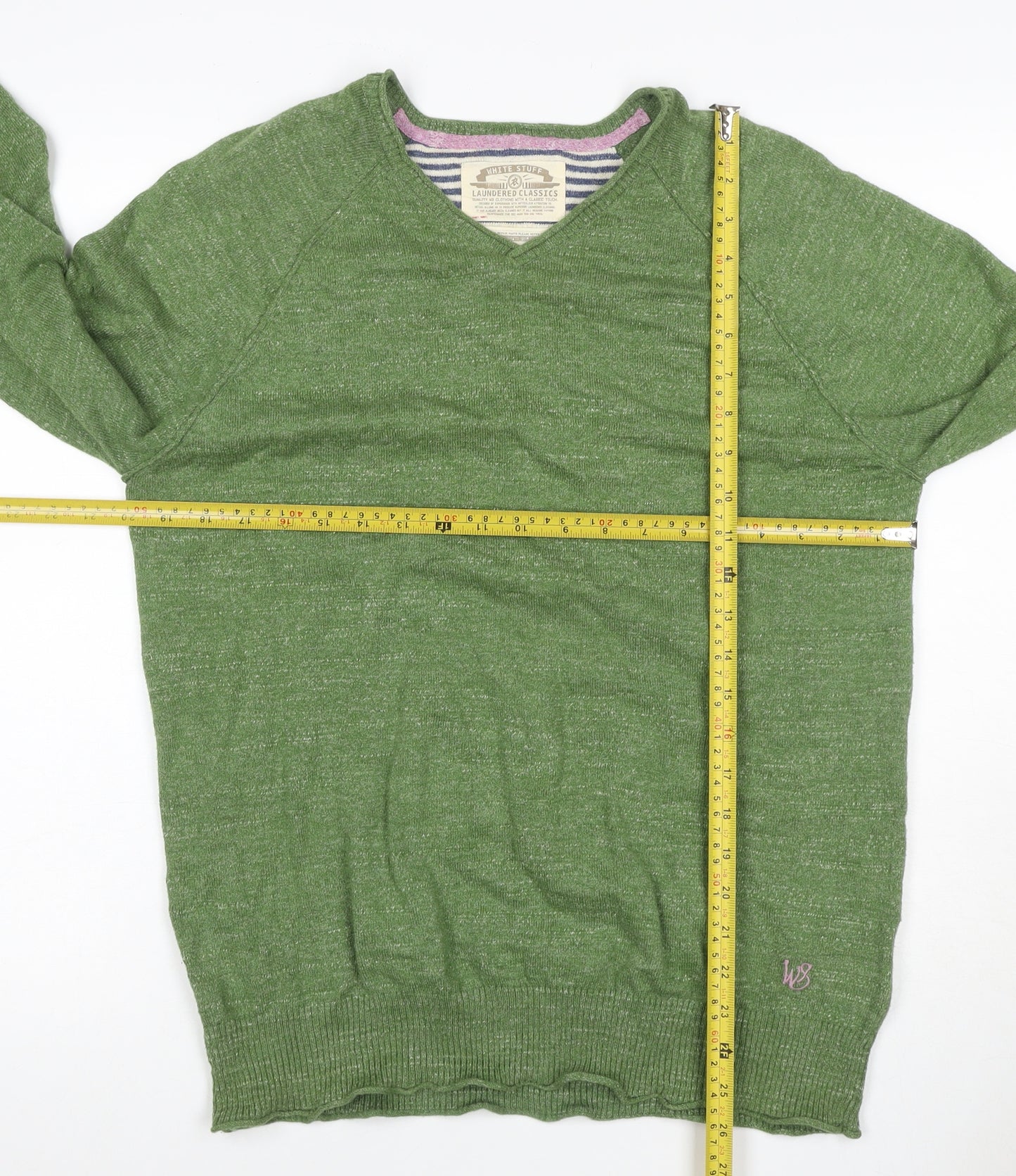 White Stuff Men’s Green M V-Neck Linen Cotton Knit Pullover Jumper