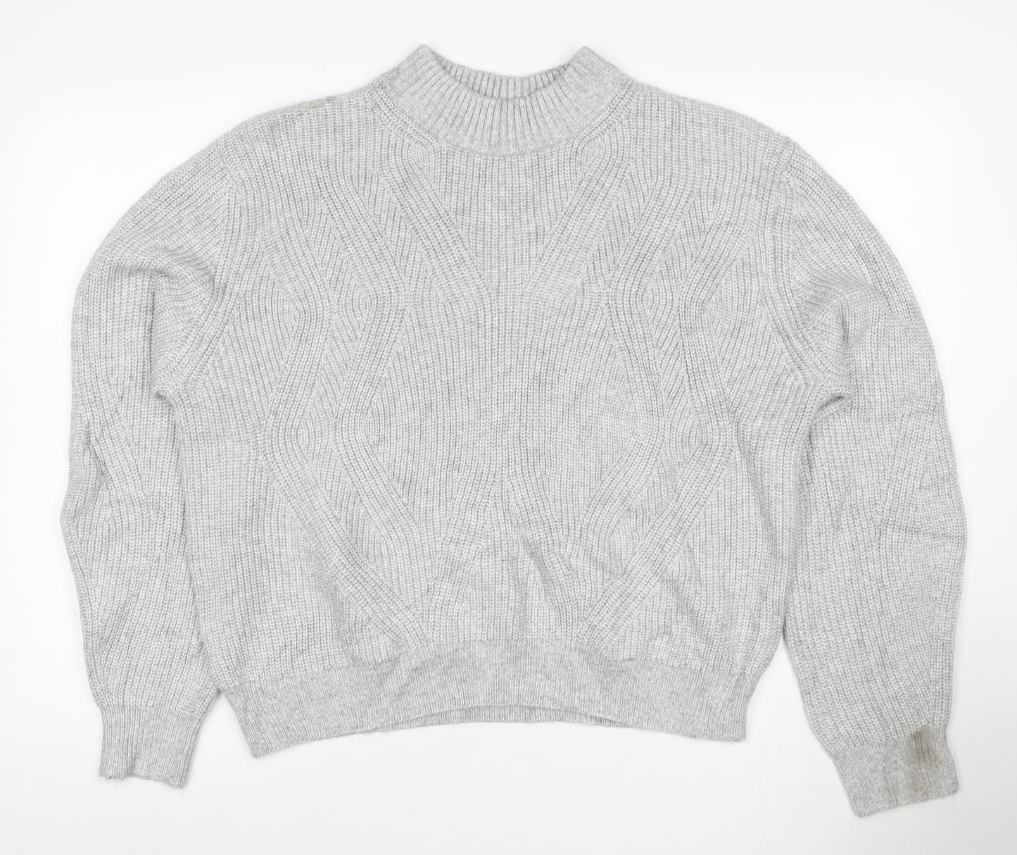 M&S Women Grey Size 12 Cable Knit Mock Neck Raglan Jumper