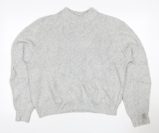 M&S Women Grey Size 12 Cable Knit Mock Neck Raglan Jumper