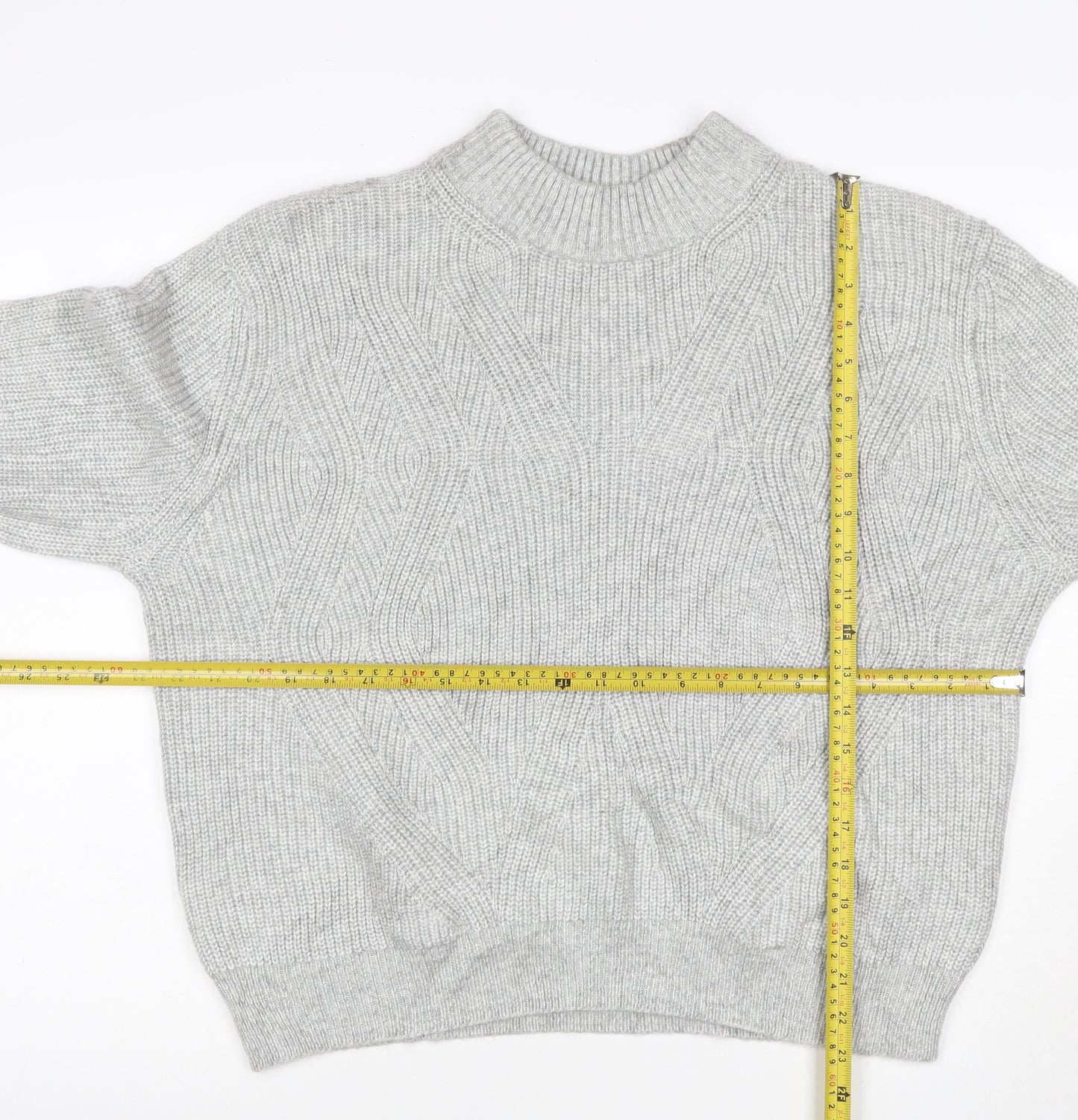 M&S Women Grey Size 12 Cable Knit Mock Neck Raglan Jumper