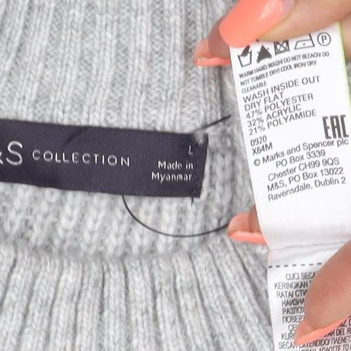 M&S Women Grey Size 12 Cable Knit Mock Neck Raglan Jumper