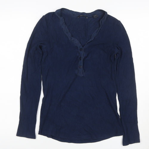 Scotch & Soda Women Blue S Ribbed V-Neck Ruffle Button Long Sleeve Top