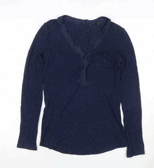 Scotch & Soda Women Blue S Ribbed V-Neck Ruffle Button Long Sleeve Top