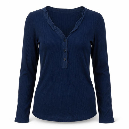 Scotch & Soda Women Blue S Ribbed V-Neck Ruffle Button Long Sleeve Top