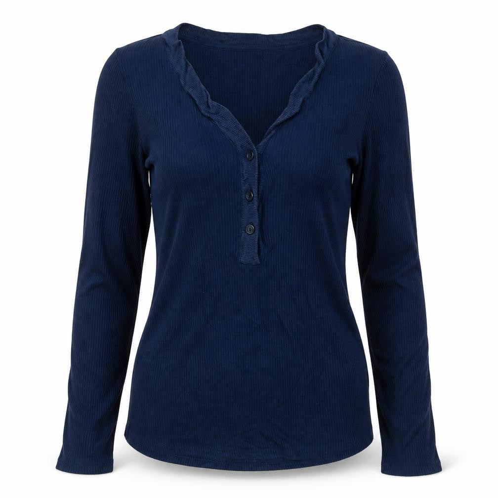 Scotch & Soda Women Blue S Ribbed V-Neck Ruffle Button Long Sleeve Top