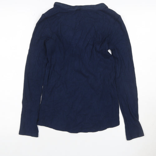 Scotch & Soda Women Blue S Ribbed V-Neck Ruffle Button Long Sleeve Top