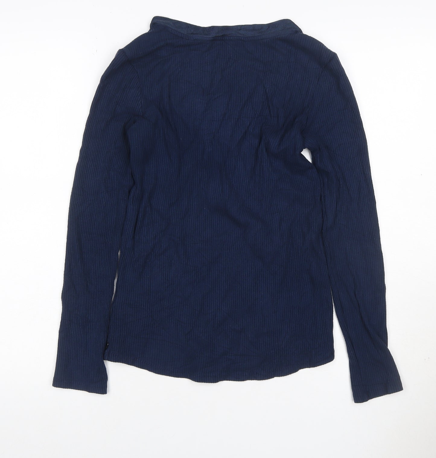 Scotch & Soda Women Blue S Ribbed V-Neck Ruffle Button Long Sleeve Top