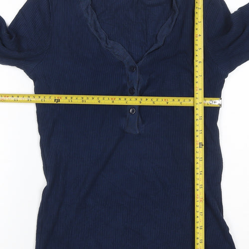 Scotch & Soda Women Blue S Ribbed V-Neck Ruffle Button Long Sleeve Top