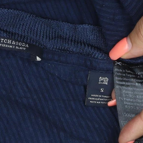 Scotch & Soda Women Blue S Ribbed V-Neck Ruffle Button Long Sleeve Top