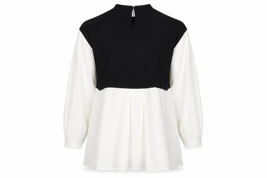 Front view of Noisy May Women Black White L Layered High Neck Shirt Dress