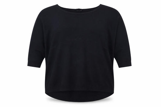 Front view of COS Women Black L Viscose Knit Tunic Top 3/4 Raglan Sleeve