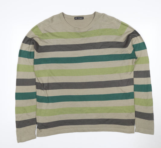 Marks and Spencer Autograph Men Beige Green L Striped Cotton Jumper
