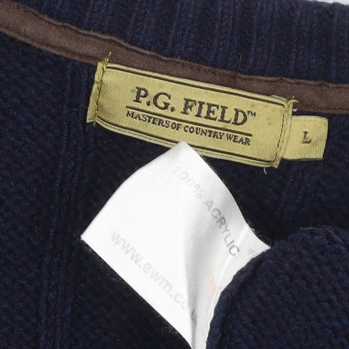 P.G. Field Men’s Blue Large Cable Knit V-Neck Acrylic Pullover Jumper