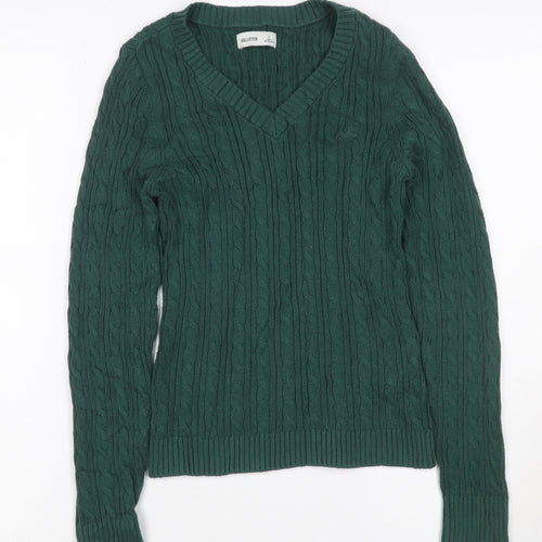 Hollister Women Green S Cable Knit V-Neck Cotton Pullover Jumper