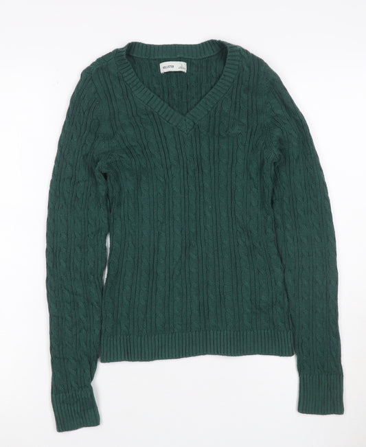 Hollister Women Green S Cable Knit V-Neck Cotton Pullover Jumper