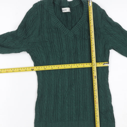Hollister Women Green S Cable Knit V-Neck Cotton Pullover Jumper