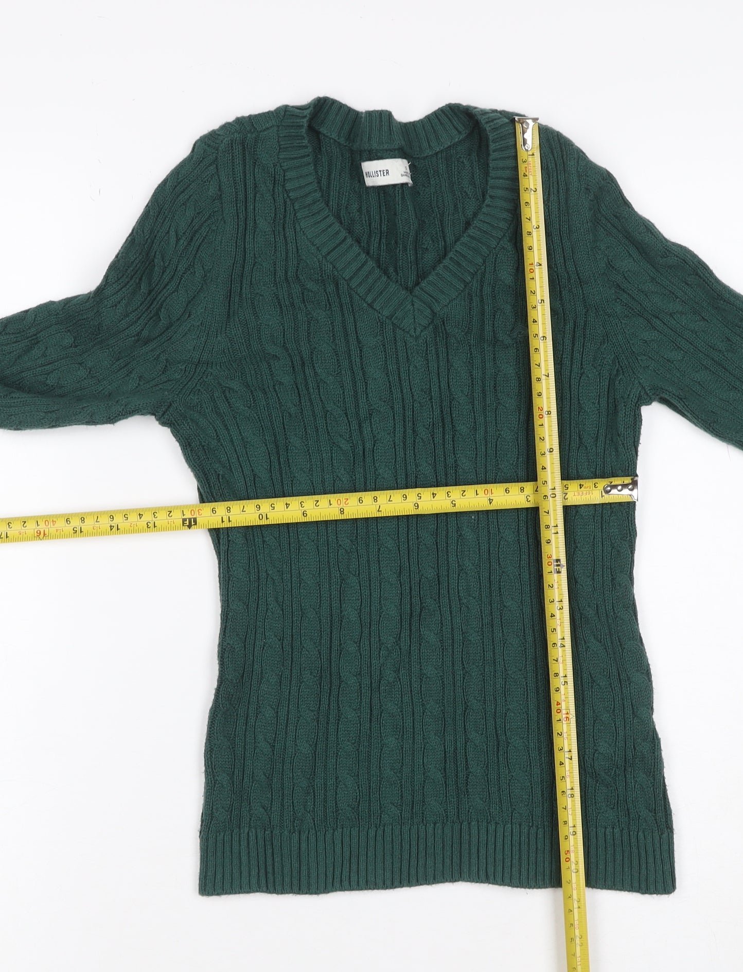Hollister Women Green S Cable Knit V-Neck Cotton Pullover Jumper