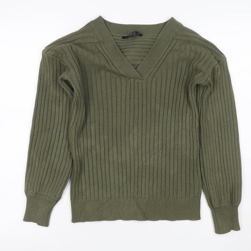 Next Women Green UK 6 Rib Knit V-Neck Balloon Sleeve Pullover Jumper