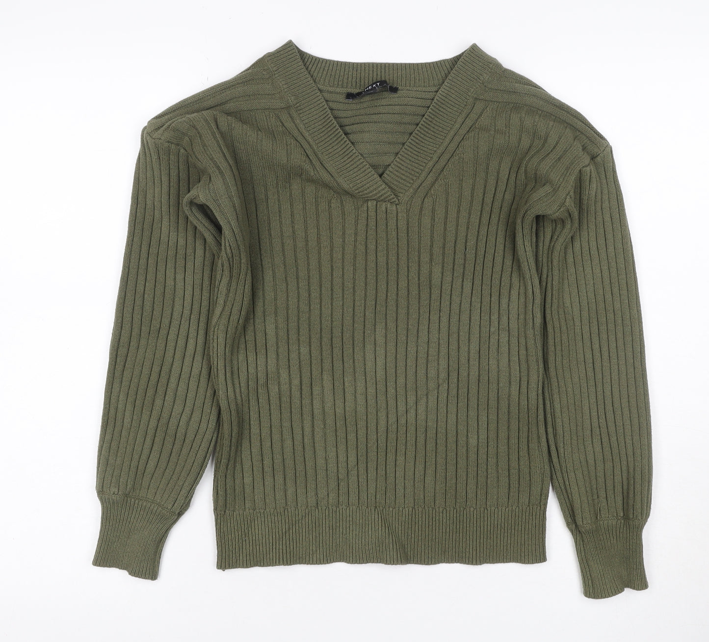 Next Women Green UK 6 Rib Knit V-Neck Balloon Sleeve Pullover Jumper