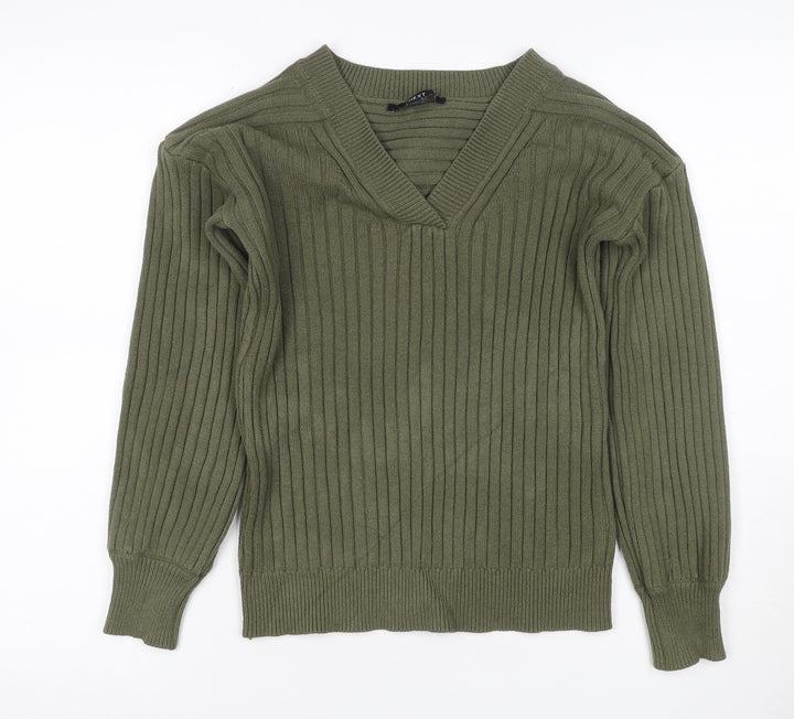 Next Women Green UK 6 Rib Knit V-Neck Balloon Sleeve Pullover Jumper