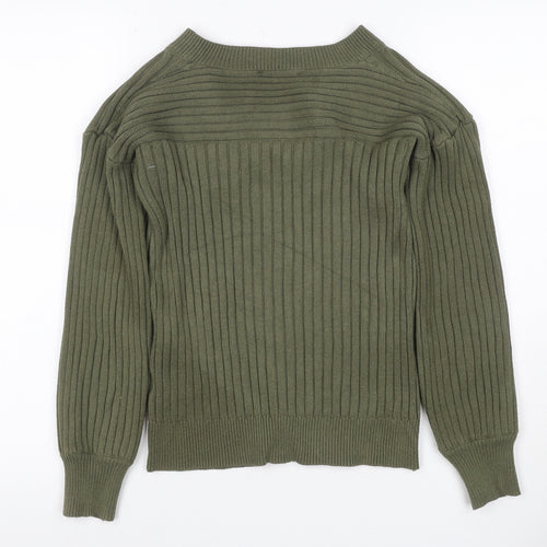 Next Women Green UK 6 Rib Knit V-Neck Balloon Sleeve Pullover Jumper
