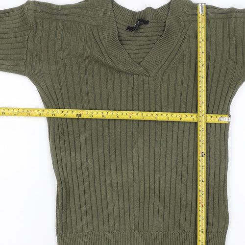 Next Women Green UK 6 Rib Knit V-Neck Balloon Sleeve Pullover Jumper