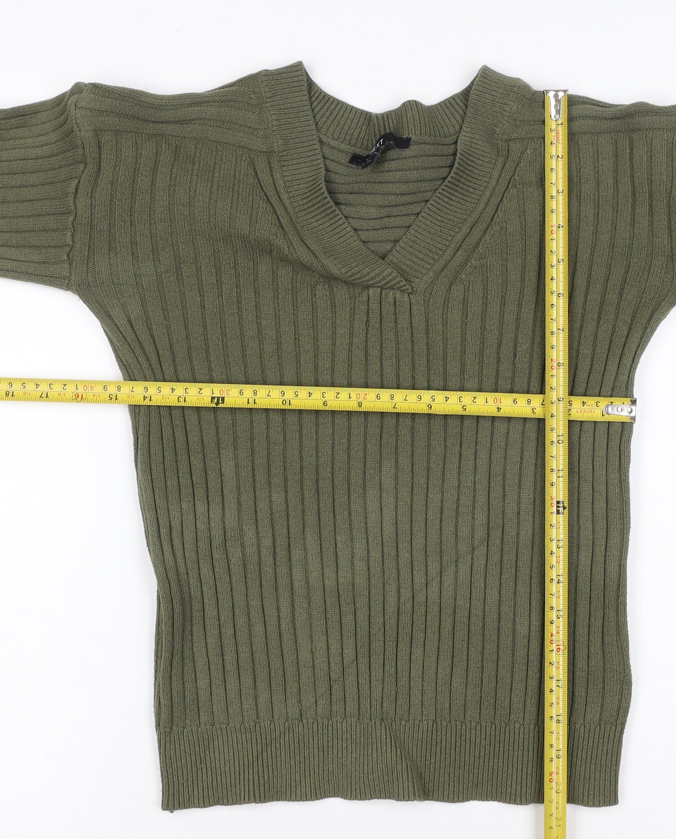Next Women Green UK 6 Rib Knit V-Neck Balloon Sleeve Pullover Jumper