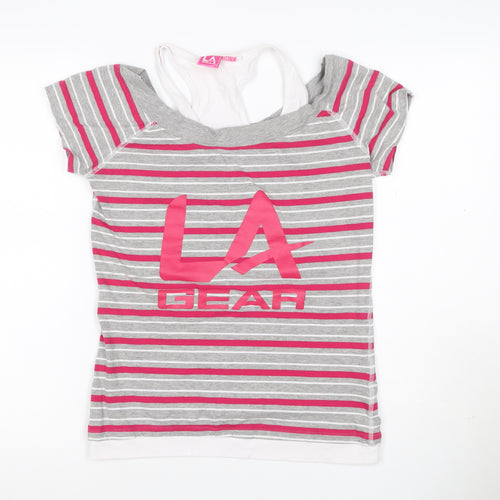 LA Gear Women’s Grey Pink Striped Layered V-Neck T-Shirt UK 12