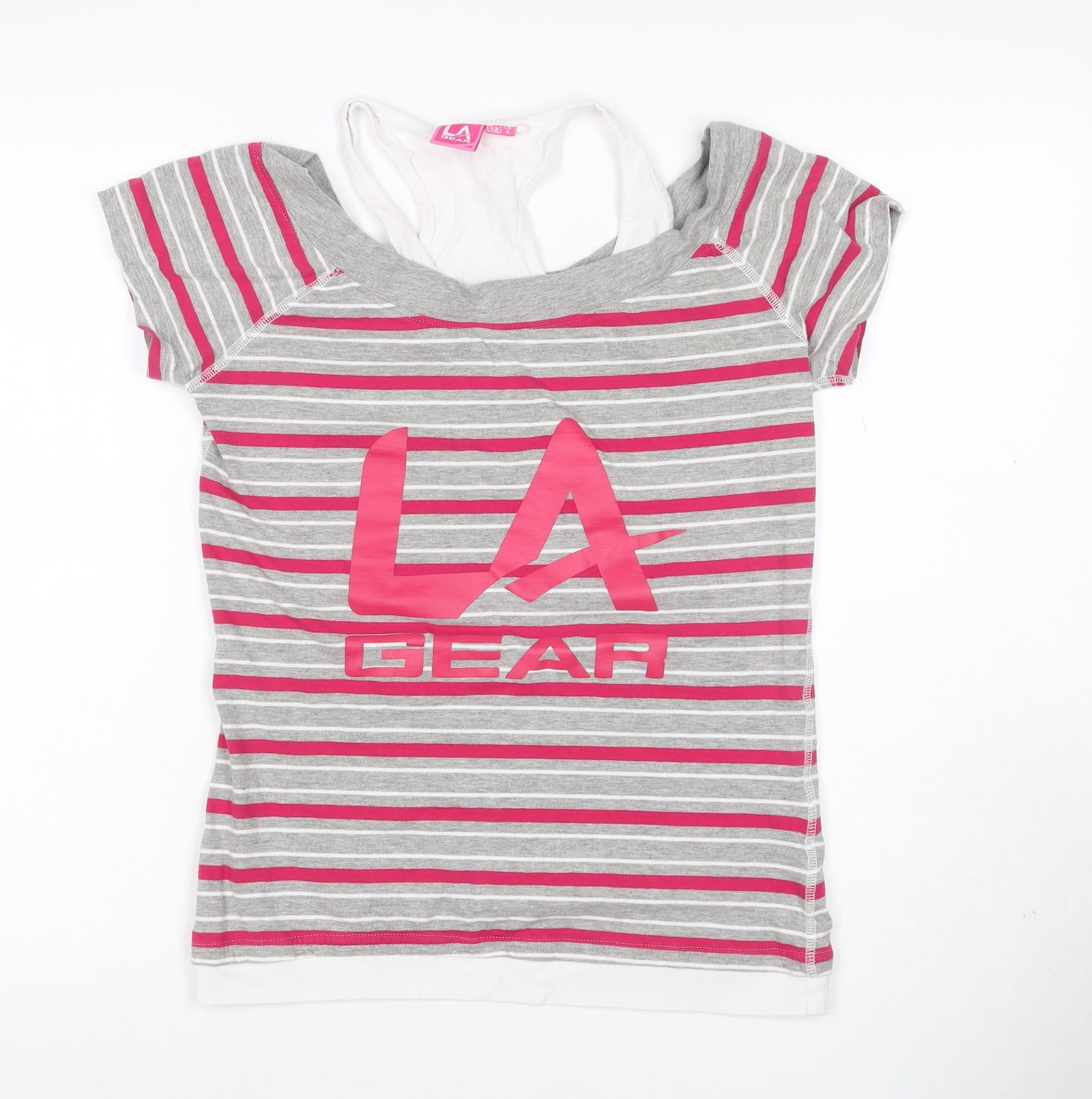 LA Gear Women’s Grey Pink Striped Layered V-Neck T-Shirt UK 12